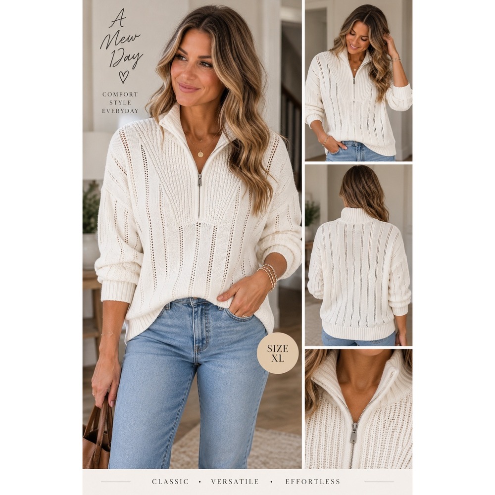 A New Day XL Ivory Open Knit Quarter Zip Sweater Coastal Grandmother